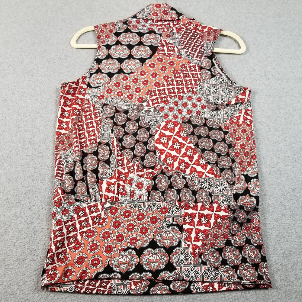 American City Wear Blouse Womens Medium Red Black Floral Tie Neck Sleeveless Top - Picture 4 of 9
